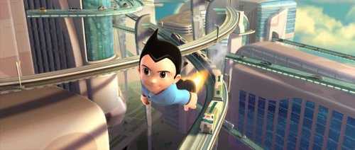 astro boy survolant la ville