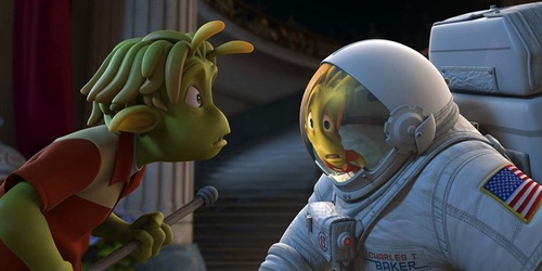 un alien devant une combinaison spatiale terrestre